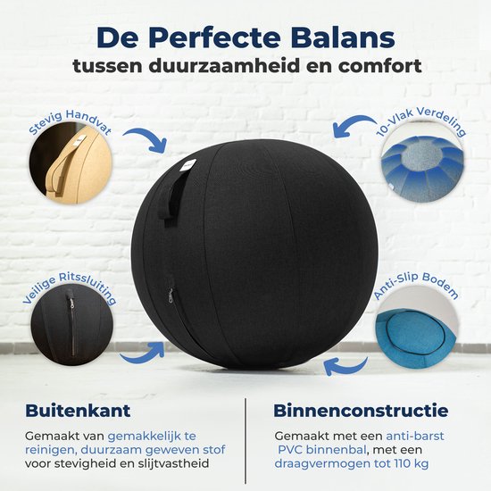 Backerz Zitbal 55 CM - Zitballen met Hoes Linnen - Ergonomische Bureaustoel Kantoor en Thuis - Luxe Yoga Bal - Zwart 2