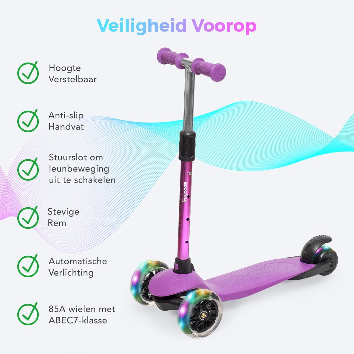 LifeGoods HappyStep - Kinderstep - Step 2-5 Jaar - 3 Lichtgevende Wielen - Jongens/Meisjes - Paars