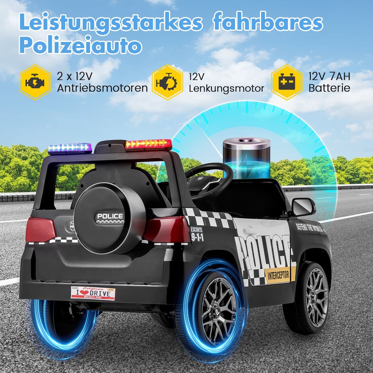 Coast Elektrische Kinderpolitieauto - met afstandsbediening - sirene en LED-verlichting - zwart
