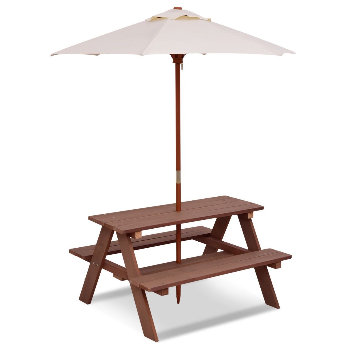 Coast Kinderpicknicktafel - 3-in-1 buitentafel met afneembare paraplu - houten banken - walnootkleur