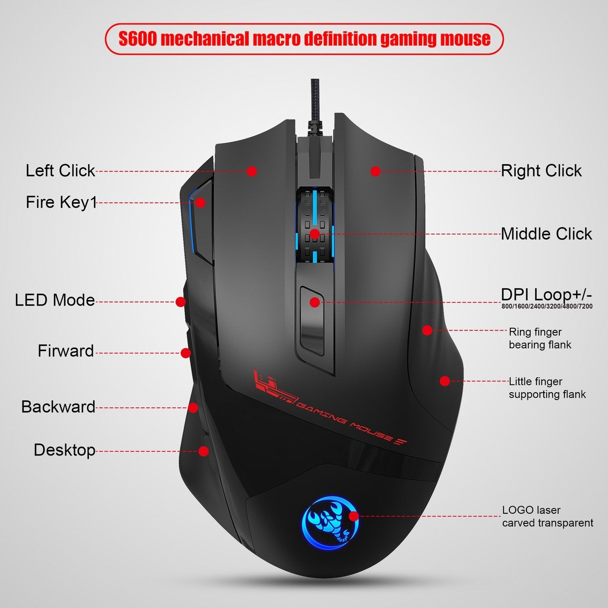 HXSJ S600 Pro Optisch Gaming Muis - Programmeerbaar - RGB licht - Ergonomisch - 7200DPI - Zwart