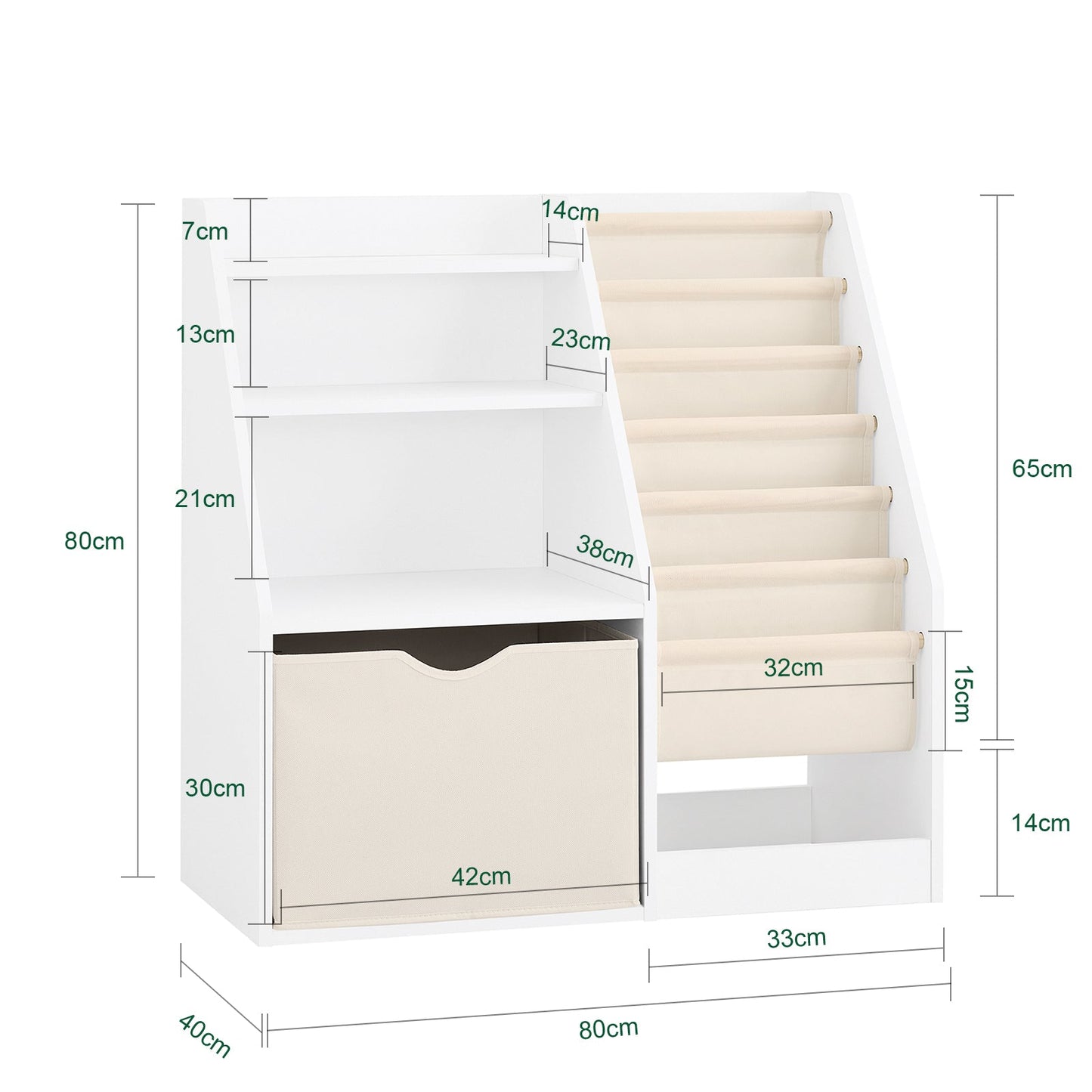 SoBuy KMB119-W Montessori Kinderboekenkast 3 niveaus met opbergruimte en stoffen manden, wit, 80 x 40 x 80 cm