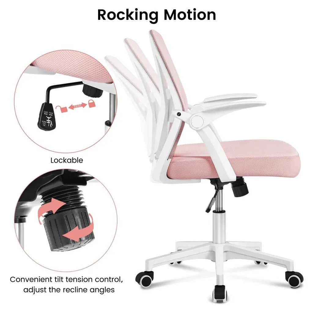 Yaheetech Ergonomische Bureaustoel Verstelbaar 59 x 57,5 x 90-100 cm - Roze - Mesh Bureaustoel met Opklapbare Armleuningen en Lendensteun