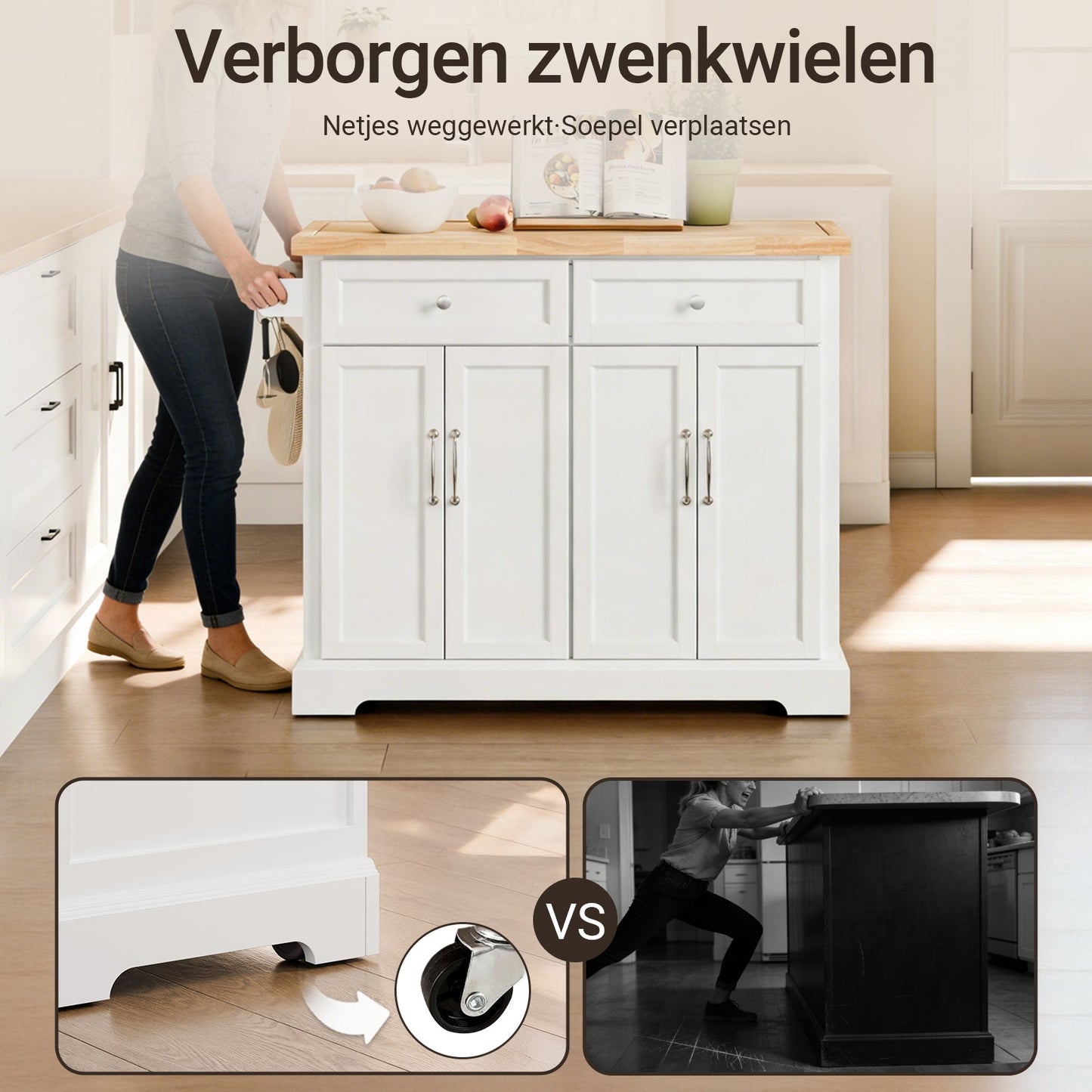 SoBuy FKW71-WN Keukenwagen met Uitbreidbaar Werkblad - Wit/Naturel - Serveerwagen Keukeneiland