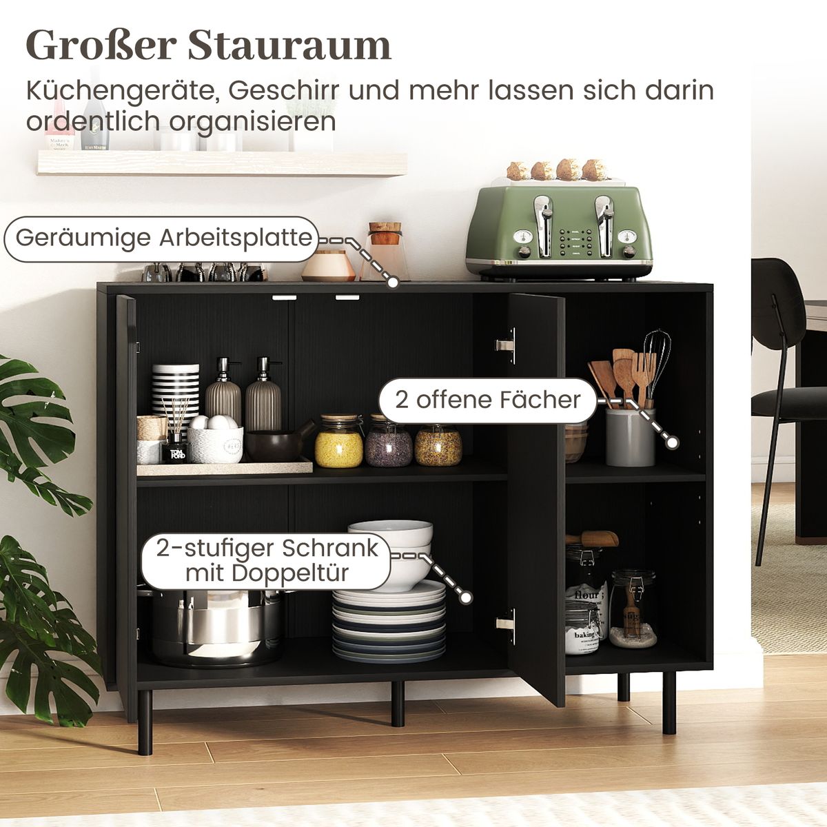 Coast Dressoir met 4 vakken en 2 deuren - verstelbare planken - zwart - 106 x 38 x 80 cm