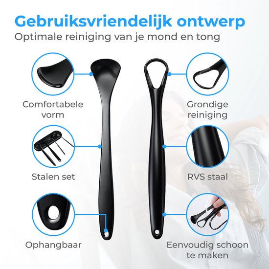 Nuvance Professionele Tongschraper - 3 in 1 Set - voor Mondverzorging - Tongreiniger - Tong Schraper - Tongue Scraper - RVS - Zwart