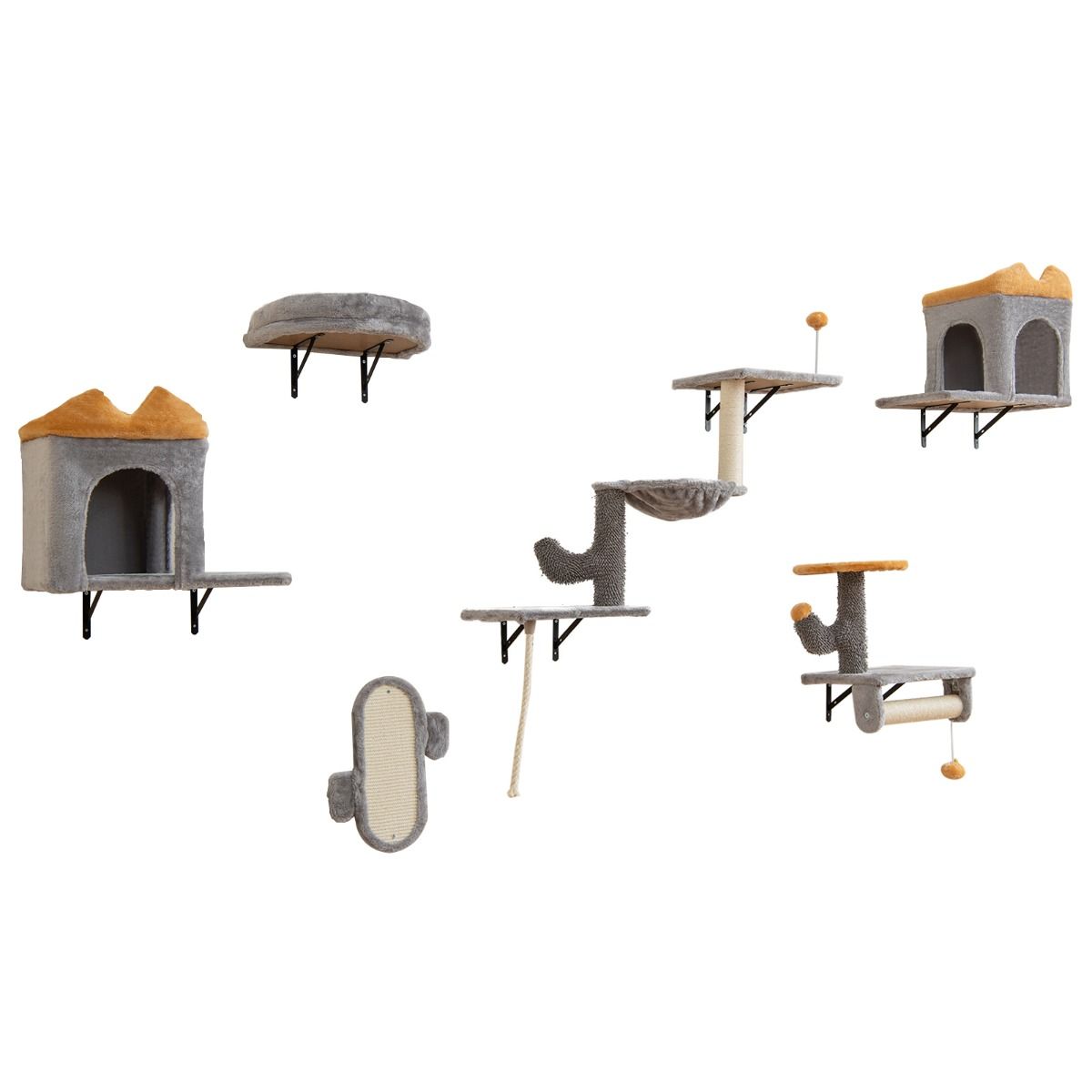 Coast Wandgemonteerde Kattentoren Set - Ruimtebesparend - 2-Niveau Platform - Grijs