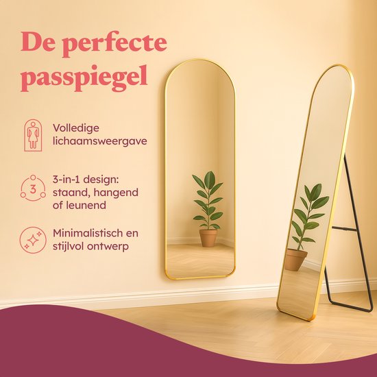Fraay Passpiegel 160x55cm - Staand & Hangend - Minimalistische Wandspiegel - Staande Spiegel - Geborsteld Goud