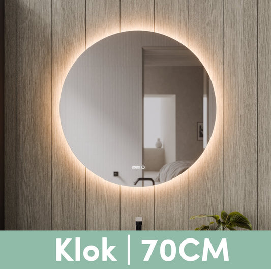 Beloura Badkamerspiegel met Verlichting - Ronde Badkamer Spiegel - Verwarming - Klok - LED - 70 cm