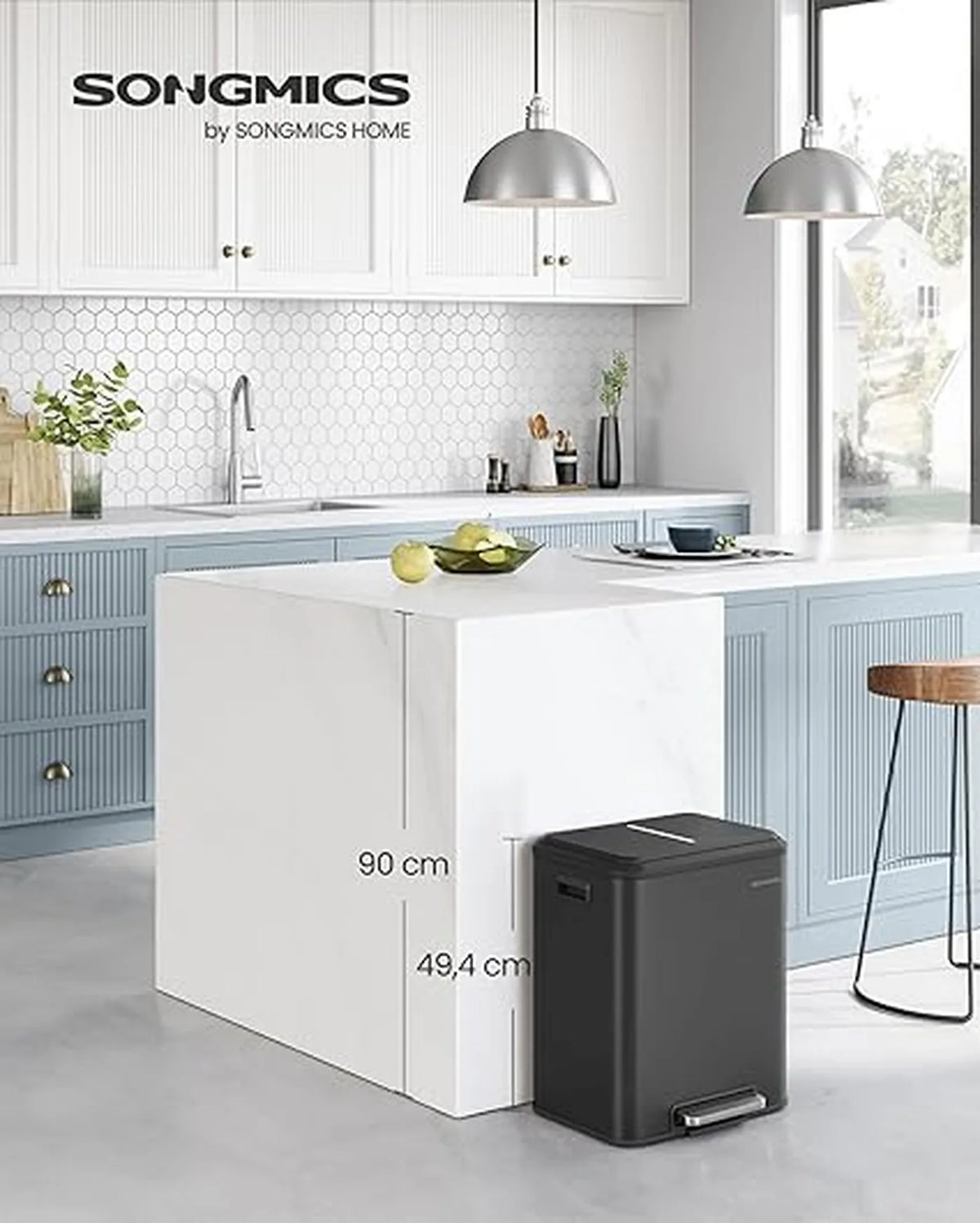 Songmics Keukenafvalscheidingssysteem 30L – 2x15 L Afvalbak – Inktzwart – Staal