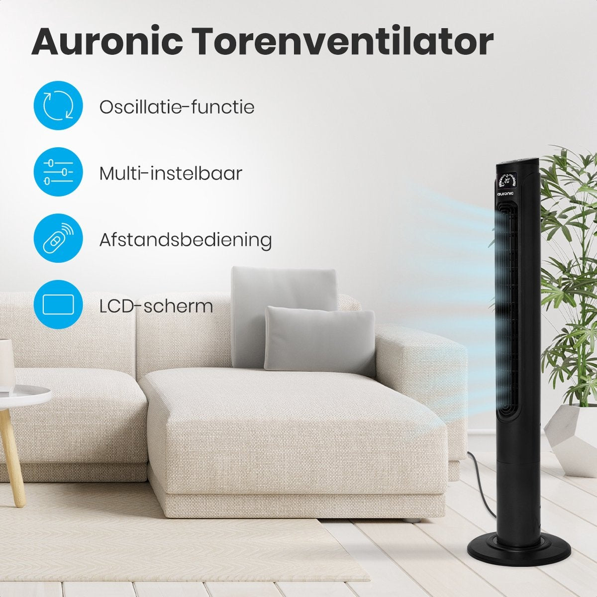 Auronic Torenventilator - Staande Ventilator met Afstandbediening - Timer - 55W - 45dB - 118cm - Zwart