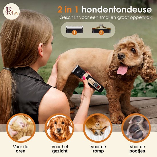 Petsy Professionele Hondentondeuse - 2-in-1 Dieren tondeuse voor Dikke Vacht - Stil - Scheerapparaat voor Honden en Katten - Honden Trimmer - Inclusief Oplaadstation