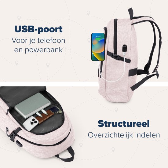 TRVLMORE Rugtas - 25L - 15,6 Inch - Laptop Rugzak met USB - Schooltas - Heren en Dames - Tas Roze