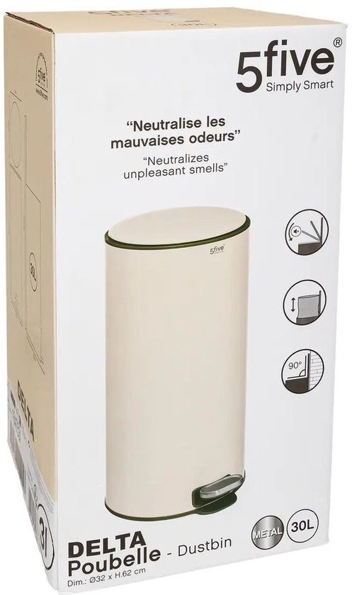 5Five Prullenbak/pedaalemmer Delta - beige - metaal - 30 liter - 39 x 33 x 62 cm - keuken afvalbak