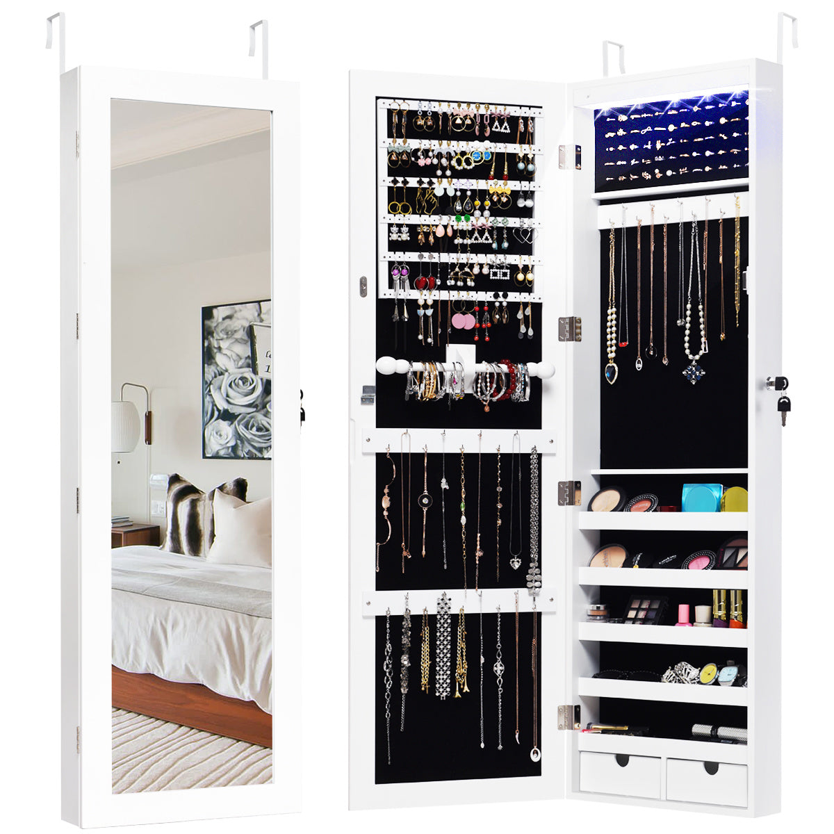 Coast Sieradenkast Met 15 LED-lampjes Juwelendoos Met Grote Spiegel - 37 x 9,6 x 120 cm - Wit