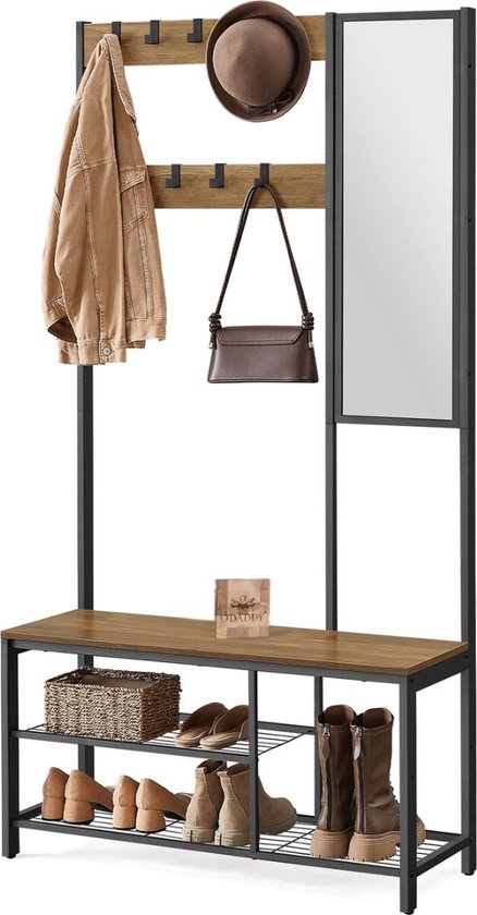 O'DADDY® Garderoberek Met Spiegel - Kapstok - Schoenrek - Kapstok staand - Vintage Look - Zwart en Bruin - Schoenenrek - kapstokken