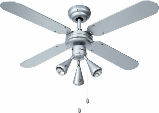Bestron Plafondventilator met verlichting, 3 snelheden & extra grote spanwijdte van Ø102cm, incl. Zomer-/winterfunctie, 3 x GU10 LED-lampjes, 50Watt, DLHB42S, kleur: zilver/blauw