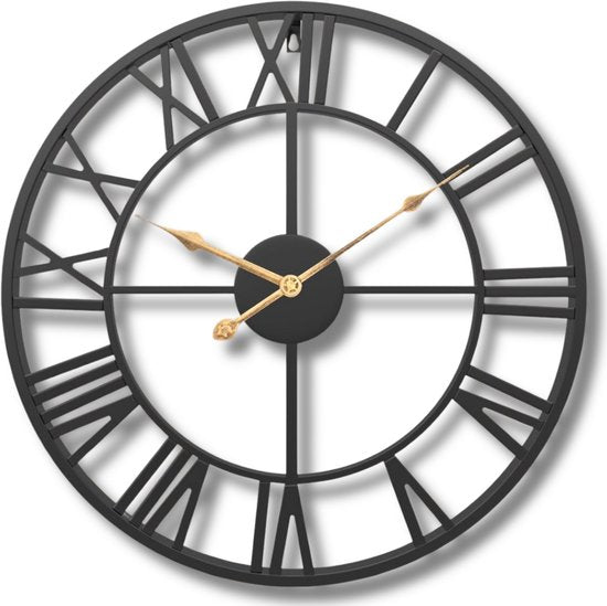 Tyme Wandklok Industrieel – 34cm – Romeinse cijfers – Goed leesbaar - Analoog - Uurwerk - Muurklok Modern - Quartz - Zwart