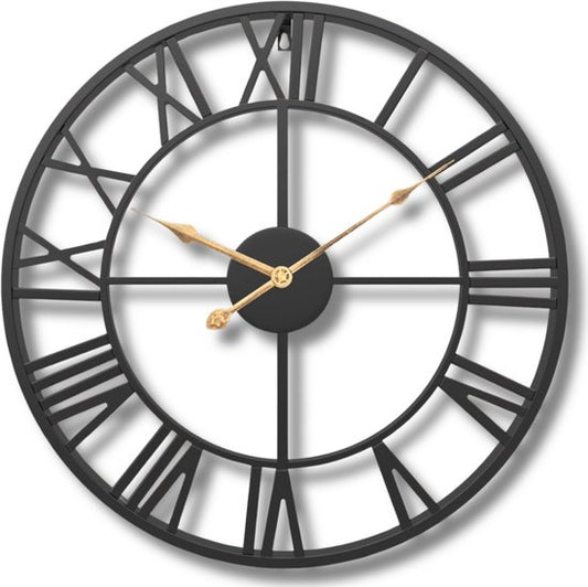 Tyme Wandklok Industrieel – 34cm – Romeinse cijfers – Goed leesbaar - Analoog - Uurwerk - Muurklok Modern - Quartz - Zwart