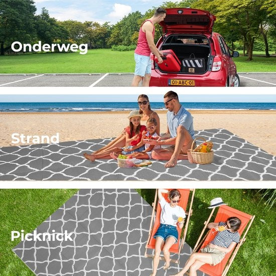 LifeGoods Buitenkleed - 274x350CM - Vloerkleed - Tuintapijt - Buitentapijt - Omkeerbaar - Incl. Draagtas - Met Patroon - Grijs/Wit