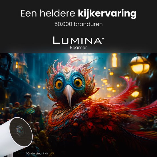 Lumina Mini Pro Beamer - Thuisbioscoop - Projector - Android 11.0 - WiFi 6 & Bluetooth 5.2 - 4k Beeldkwaliteit - Projectorscherm - Wit