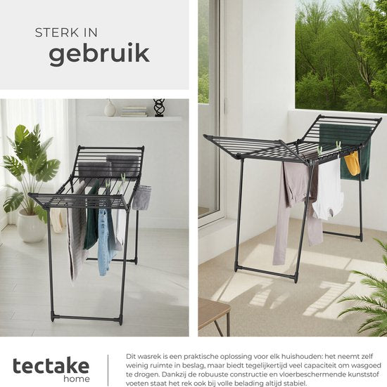 tectake® Droogrek - Wasrek - 18 Meter Drooglengte - Inklapbaar - Staand - Droogrekken met 2 Houders voor Kleine Was - Hoge Zijvleugels voor Lange Kleding - Zwart