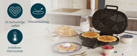 Princess 132384 Dubbel Wafelijzer - 10 hartvormige - 1200W - Regelbare thermostaat- 5 standen - Anti aanbaklaag - PFAS-vrij - Zwart - Gaufrier