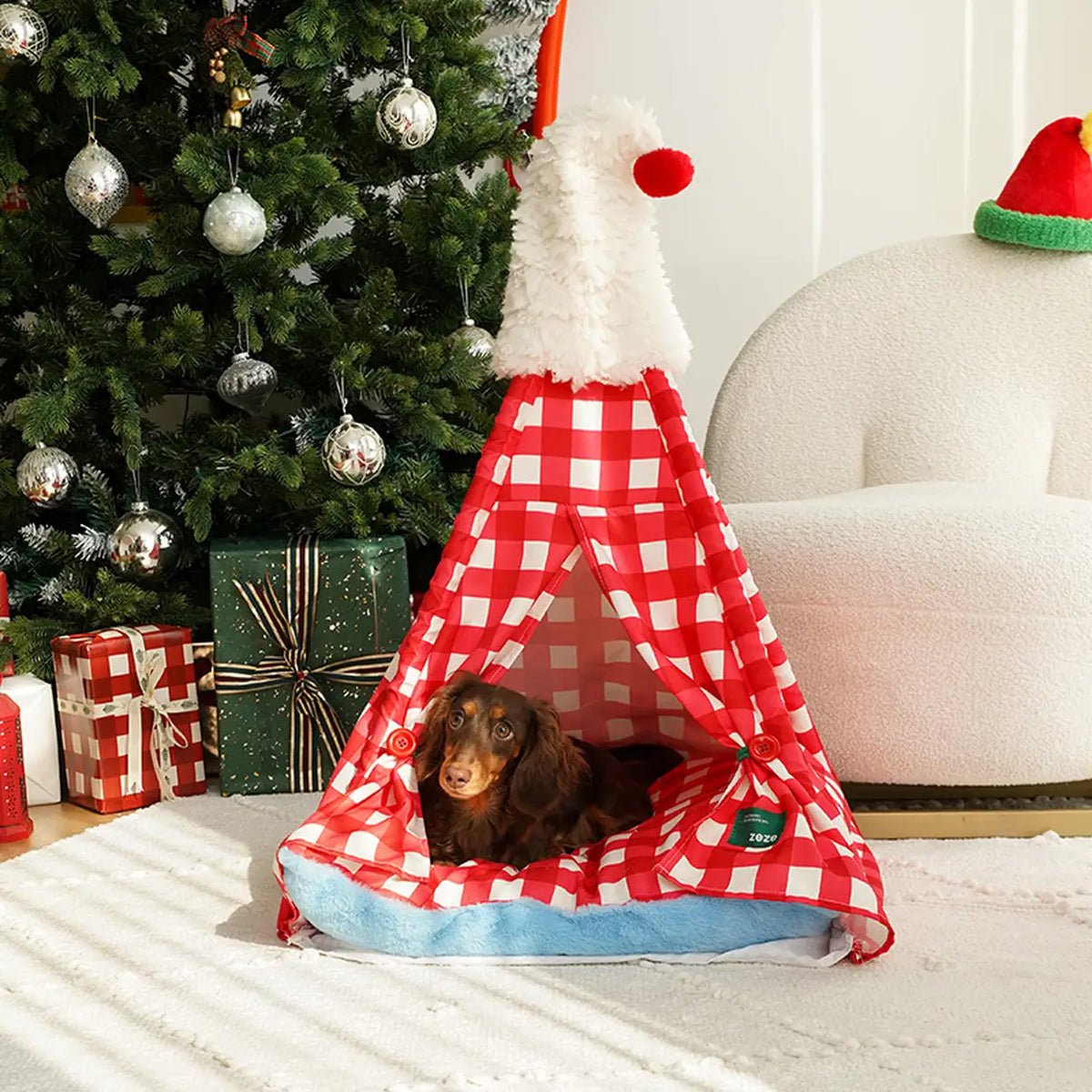 zeze huisdierentent met kerstmuts - rood-wit geruit - 60 × 60 × 78 cm