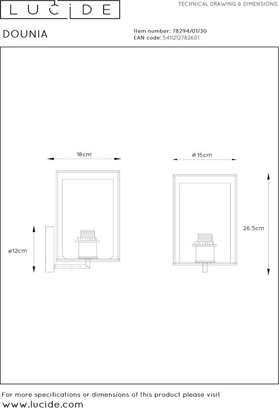 Lucide DOUNIA Wandlamp - Ø 15 cm - E27 - Zwart