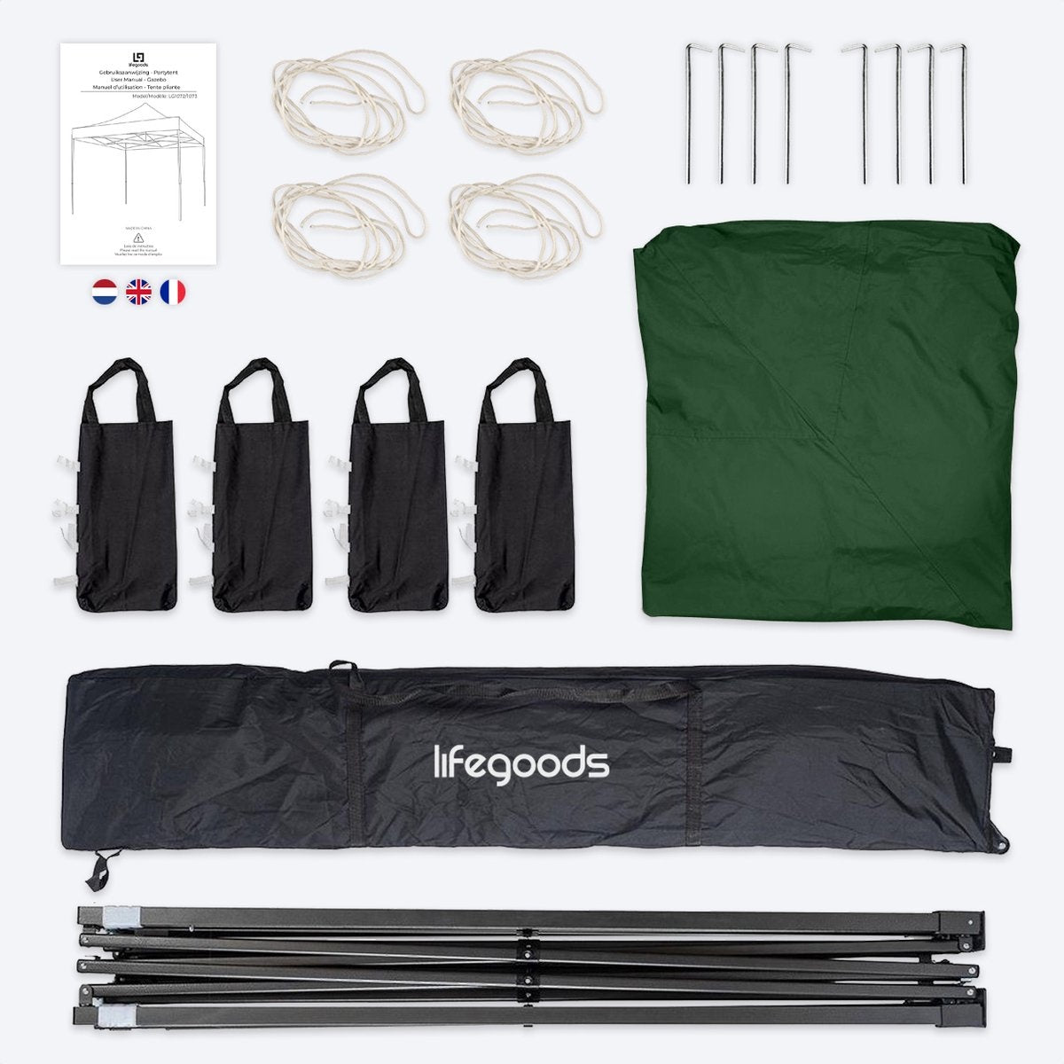 LifeGoods Partytent - Paviljoen - EasyUp - Opvouwbaar - Waterdicht - Met Draagtas met wieltjes - 300 x 300 cm - Donkergroen