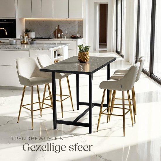 tectake® - Set van 2 Barkrukken Avane - Gestoffeerde Barkruk met rugleuning - Barstoelen - Ergonomische Barstoel met voetensteun - Eetkamerstoel met fluweellook bekleding - Stevige stalen poten met antislip vloerbescherming - Crème/Goud