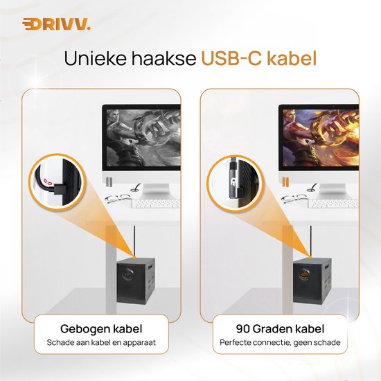 Drivv. USB naar USB C Kabel - Haaks - USB C Data en oplaadkabel - Fast Charge / Snellader - 3 Meter - Grijs