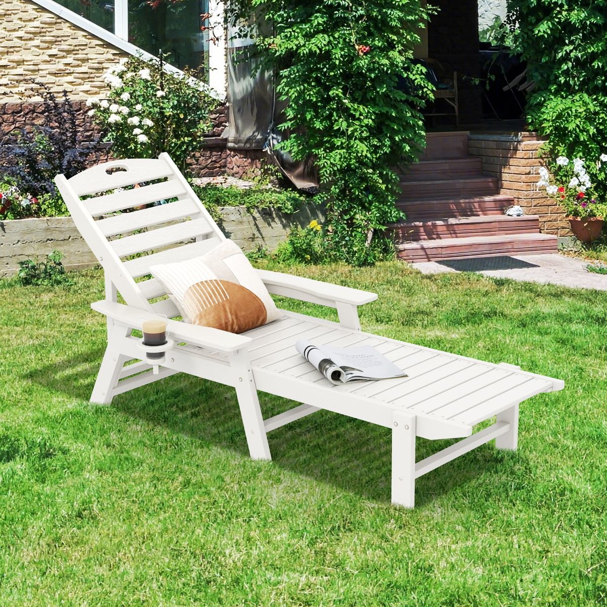 Coast Tuinligstoel - 4-voudig verstelbare rugleuning - draaibare bekerhouder - wit