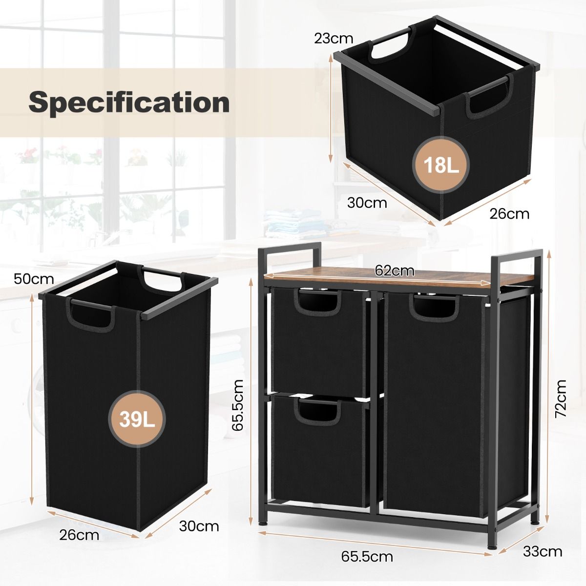 Coast Wasmand met Plank - 3 uitneembare waszakken - metalen frame - zwart en rustiek bruin