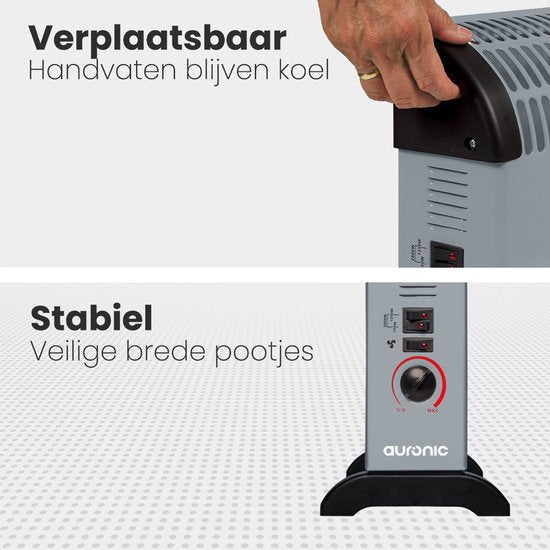 Auronic Elektrische Convectorkachel - 750/1250/2000 Watt - Met Ventilator - Verwarming - Ventilatorkachel - Grijs