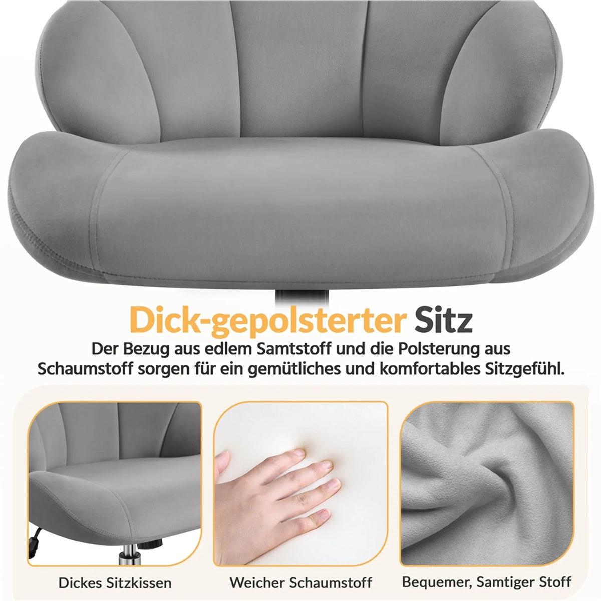 Yaheetech Bureaustoel Schelpvormig – Voorzien Van Schommelfunctie En In Hoogte Verstelbare Gaslift En Gecapitonneerde Rugleuning – Voor Thuiskantoor En Slaapkamer – Wit Polyester En Metaal – 60 x 60 x 76,5-86 cm