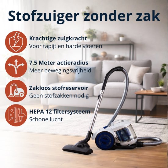 Dirt Devil Stofzuiger zonder Zak DD2503 - Vacuum Cleaner 800W HEPA 12 Filter - Cycloonstofzuiger met Combiborstel, Kierenmondstuk en Meubelopzetstuk - Stofopvangbak 2,2 L - Wit/Blauw