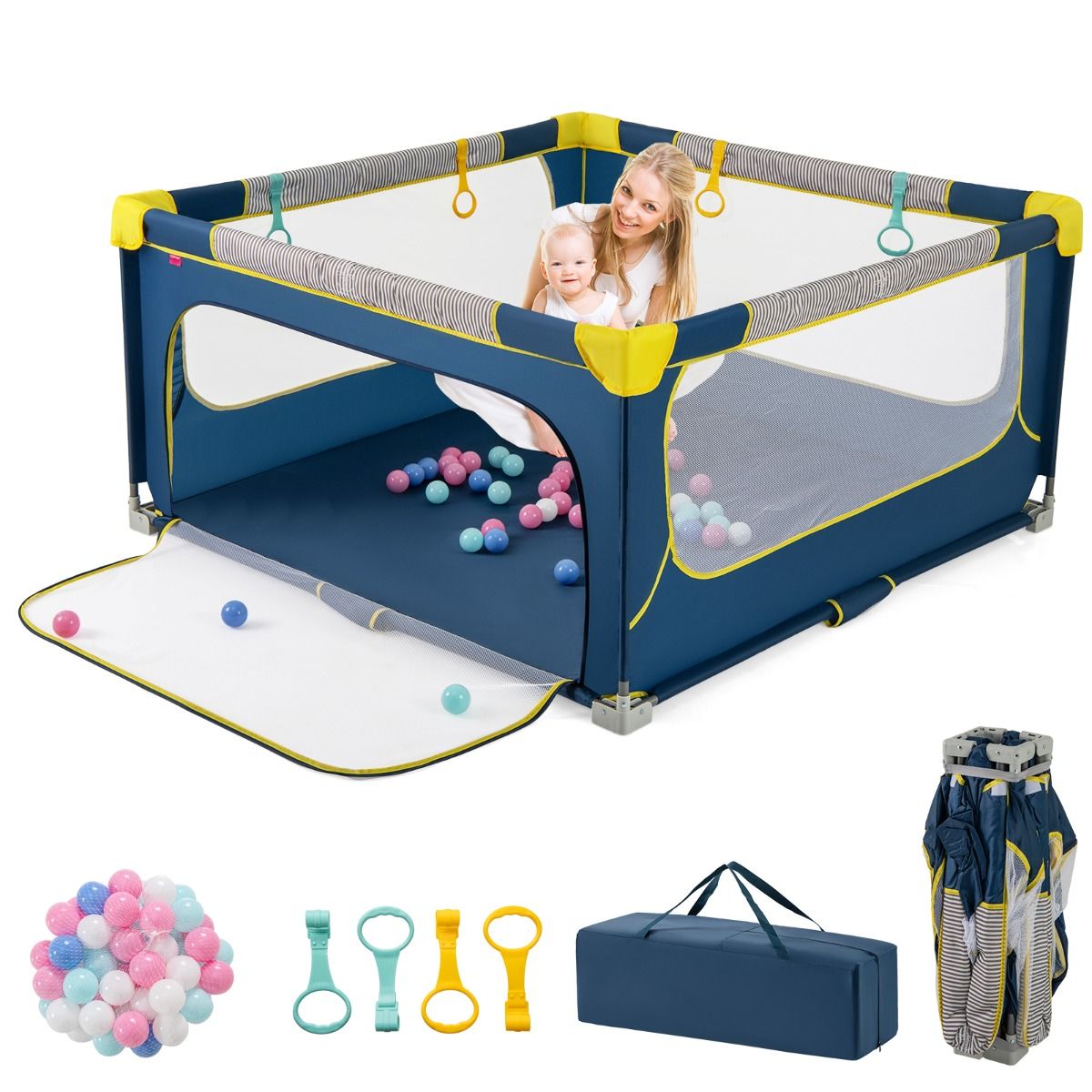 Coast Opvouwbare Babybox - Veiligheidshek met ritssluiting - Inclusief 50 speelballen en 4 hefringen - Grijs 150 x 150 cm