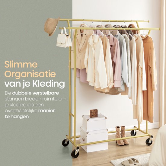 O'DADDY® Kledingrek op wieltjes - Garderoberek - Kledingstang - Verstelbaar en Uitschuifbaar - Industriële Wielen - Metaal - Stabiel tot 110 kg - Goud