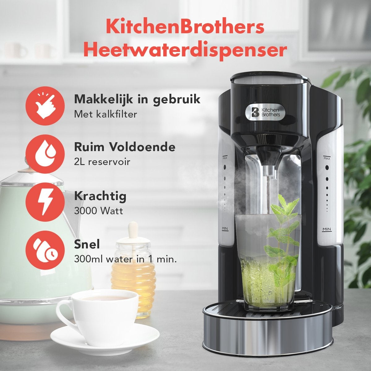 KitchenBrothers Heetwaterdispenser - 2L - 3000W - RVS /Zwart