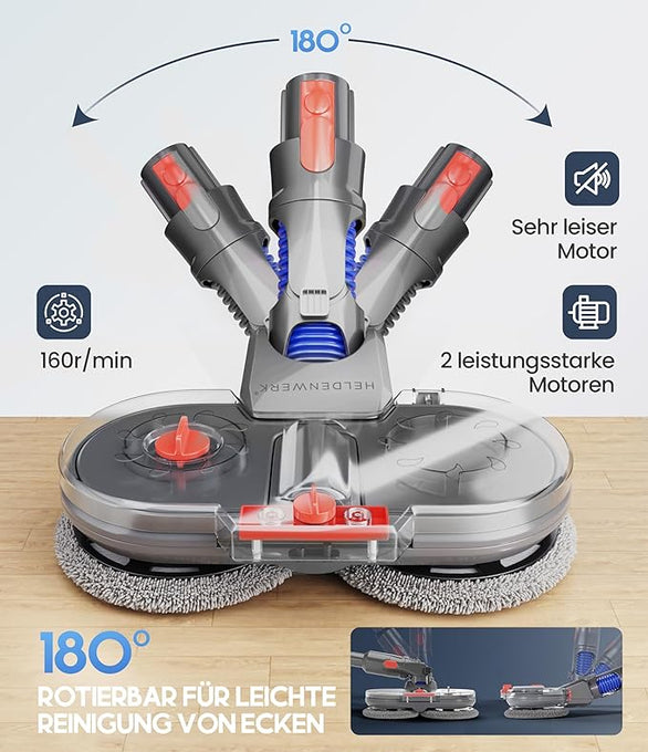 Heldenwerk Dweilopzetstuk voor Dyson V7/V8/V10/V11/V15 - Elektrische Vloerreiniger - 150 ml Watertank - 180° Draaibaar - Incl. 8 Dweilpads