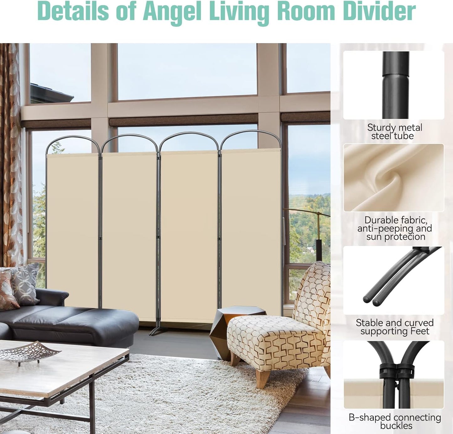 Angel Living Paravent - 4-delig - Opvouwbaar - 160g/m² Polyester - Stalen Frame - Ruimteverdeler & Inkijkbescherming - Beige
