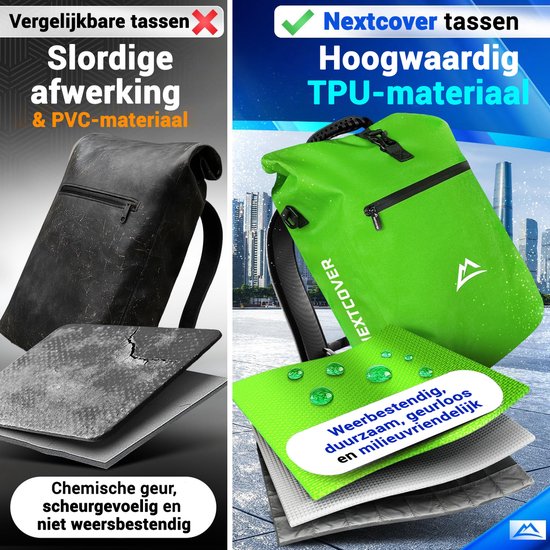 Nextcover 3in1 Fietstas Enkel voor Bagagedrager [PVC vrij] | Waterdichte Fietstas, Rugzak en Schoudertas 25L | Ideaal voor Laptop en Wekelijkse Aankopen | Fiets Tas Enkele | Fietstassen