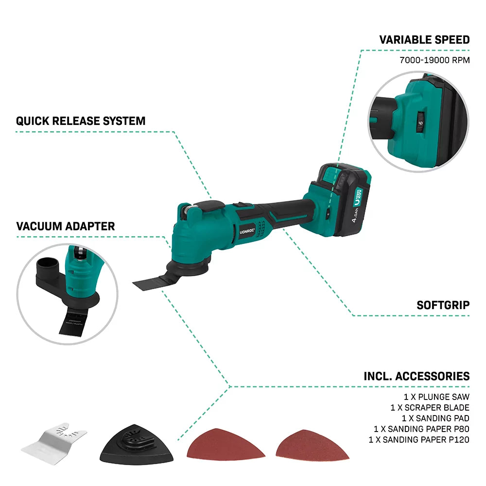 VONROC Accu Multitool 20V - met schraapmes, invalzaagblad, schuurzool en schuurpapier - 6 snelheden: 7.000 - 19.000 rpm - Incl. 4.0Ah accu en snellader