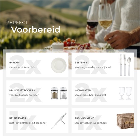 tectake® complete Picknickmand Set Ameland - Luxe 13-delige Picknick set voor 2 personen - Picknick Mand van Riet - Inclusief Koelvak, Set met Borden, Kunststof Wijnglazen en Roestvrijstalen Bestek