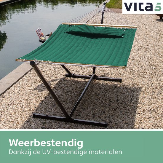 Vita5 Hangmat met Standaard en Spreidstok – 2 Persoons – incl. Bekerhouder - Afneembaar kussen – uv-bestendig – Groen