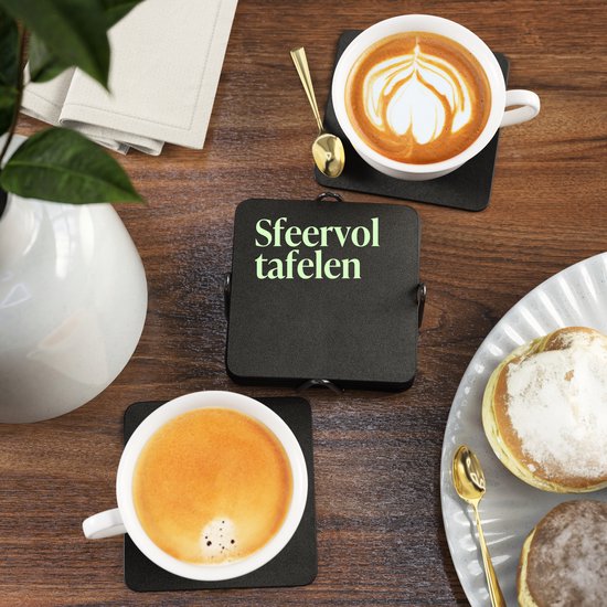 Castagnola Kunstlederen Onderzetters – Onderzetters voor Glazen – Design Onderzetters met Houder – Leren Onderzettersset met metalen houder – Leder – Set van 10 - Zwart - 10x10cm