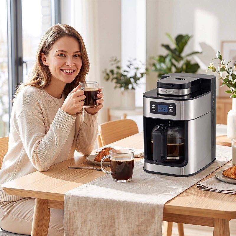 Northix Koffiezetapparaat met Bonenmaler - 8 Kopjes - 1 L - Timer - Zwart/Zilver