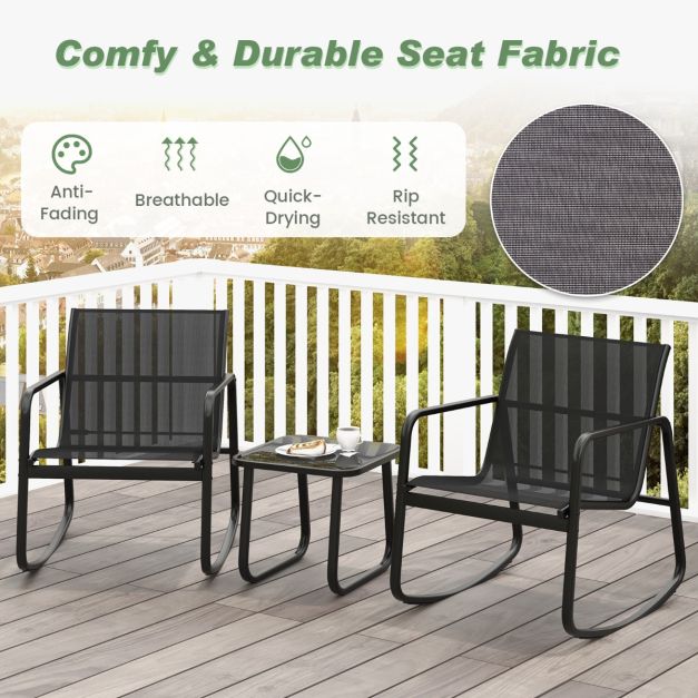 Coast 3-Delige Schommelset Balkonset met 2 Stoelen - 72x61x80 cm - Tafel - 44x44x40 cm – Zwart – Tuinmeubelset met Zachte Schommelbeweging