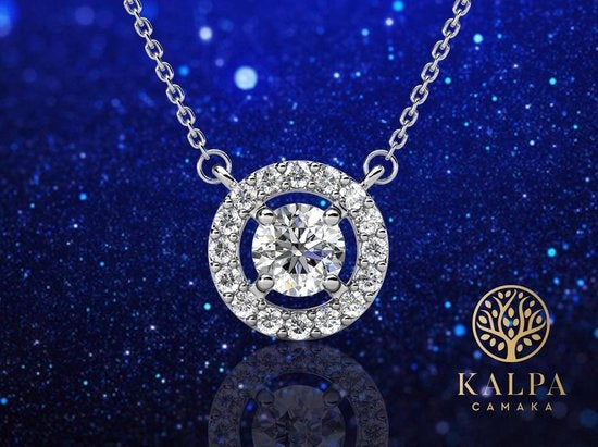 Yolora Dames Ketting met Ronde Hanger en Kalpa Camaka Kristallen - Zilver kleurig - 18K Witgoud Verguld - Moederdag Cadeautje